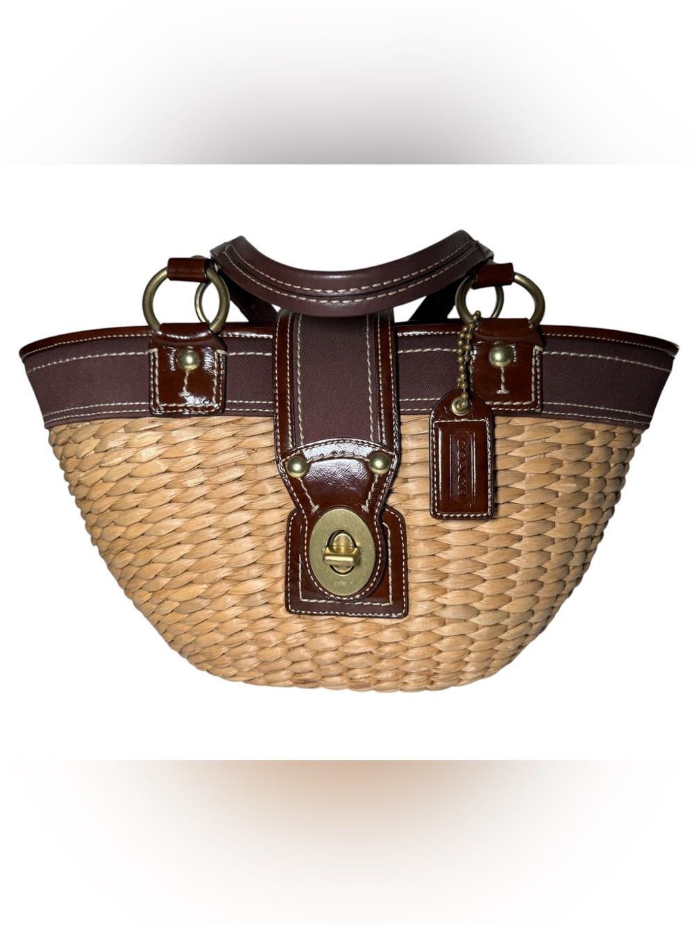 GUC Coach Straw Tote with Brown Leather Trim and Brass Hardware